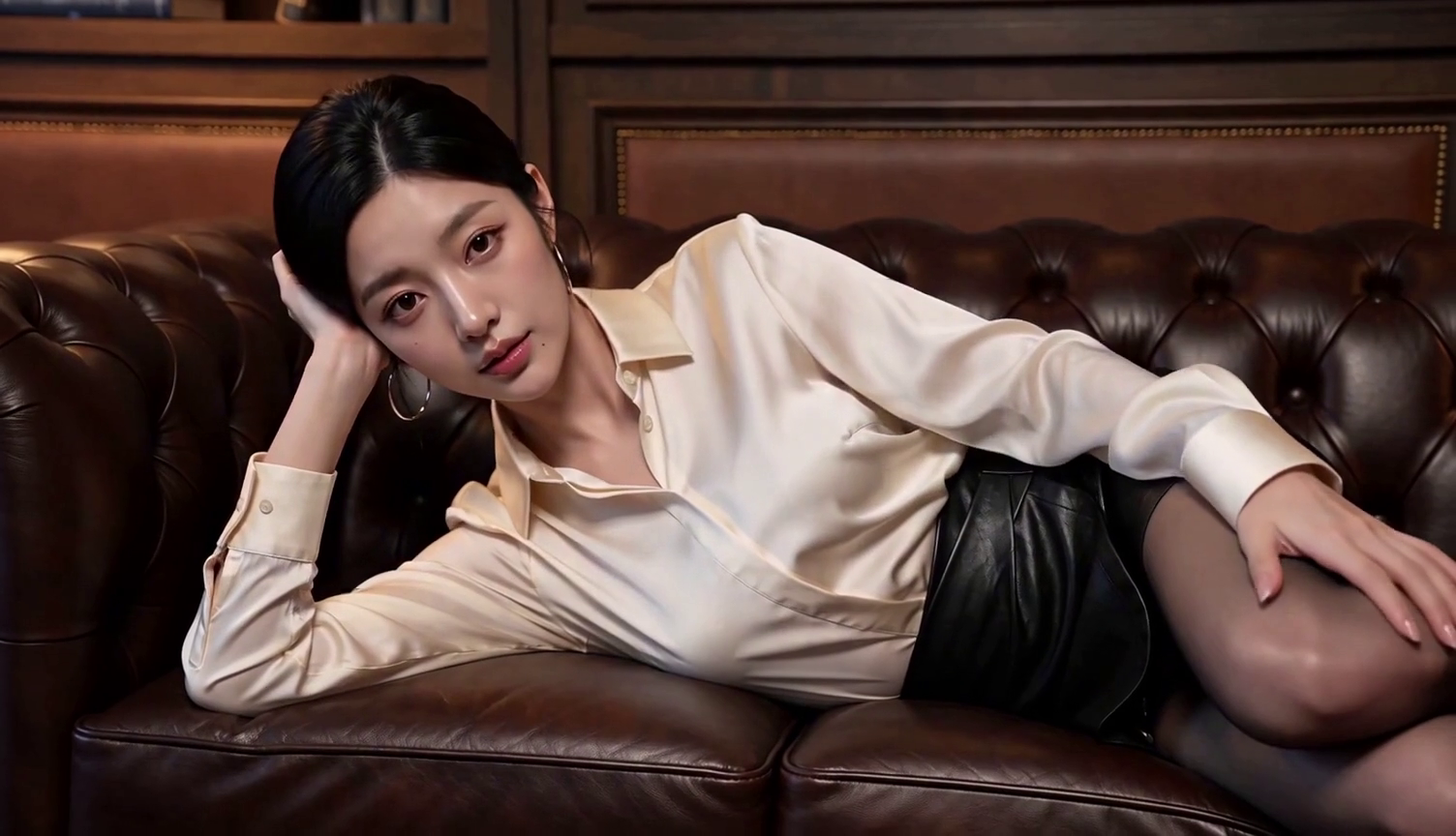 Stella relaxing on a brown leather sofa in a cream blouse