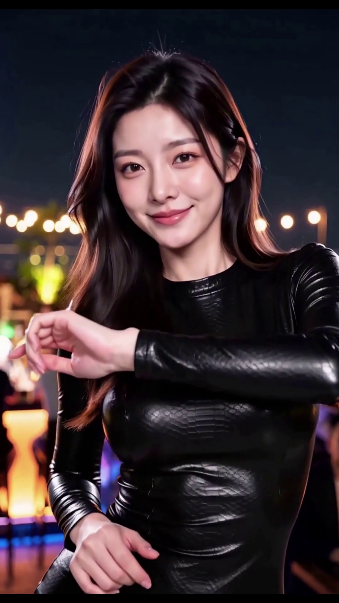 Stella in a black long-sleeved dress against warm city lights