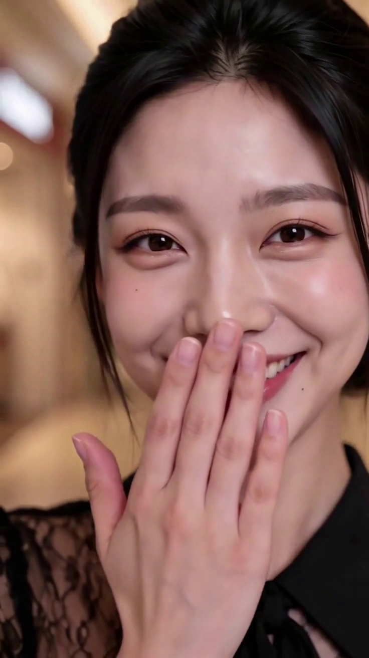 Stella smiling with a hand near her mouth